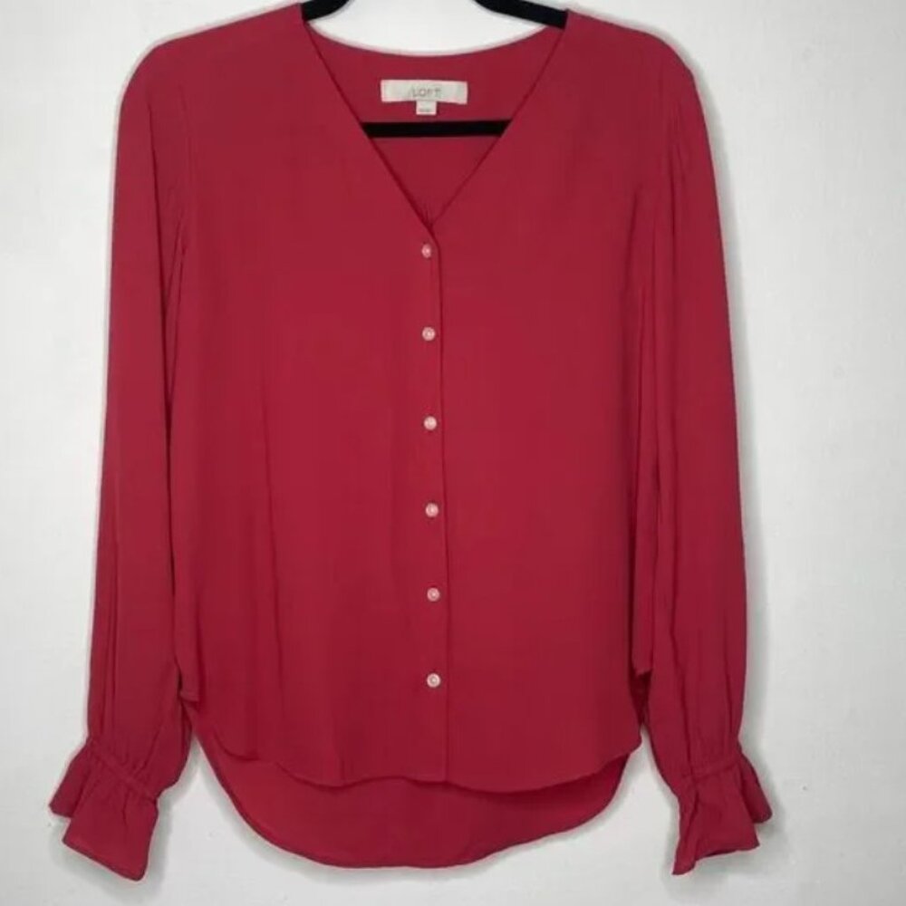 Loft Deep Red Front Button VNeck Long Ruffle Cuff Sleeve Curved Bottom Hem XXS